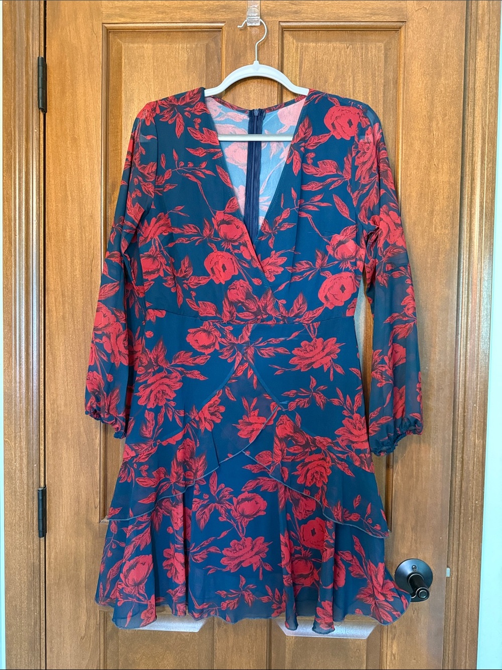 Floral Wrap-Style Navy Dress with Red Bloom Print